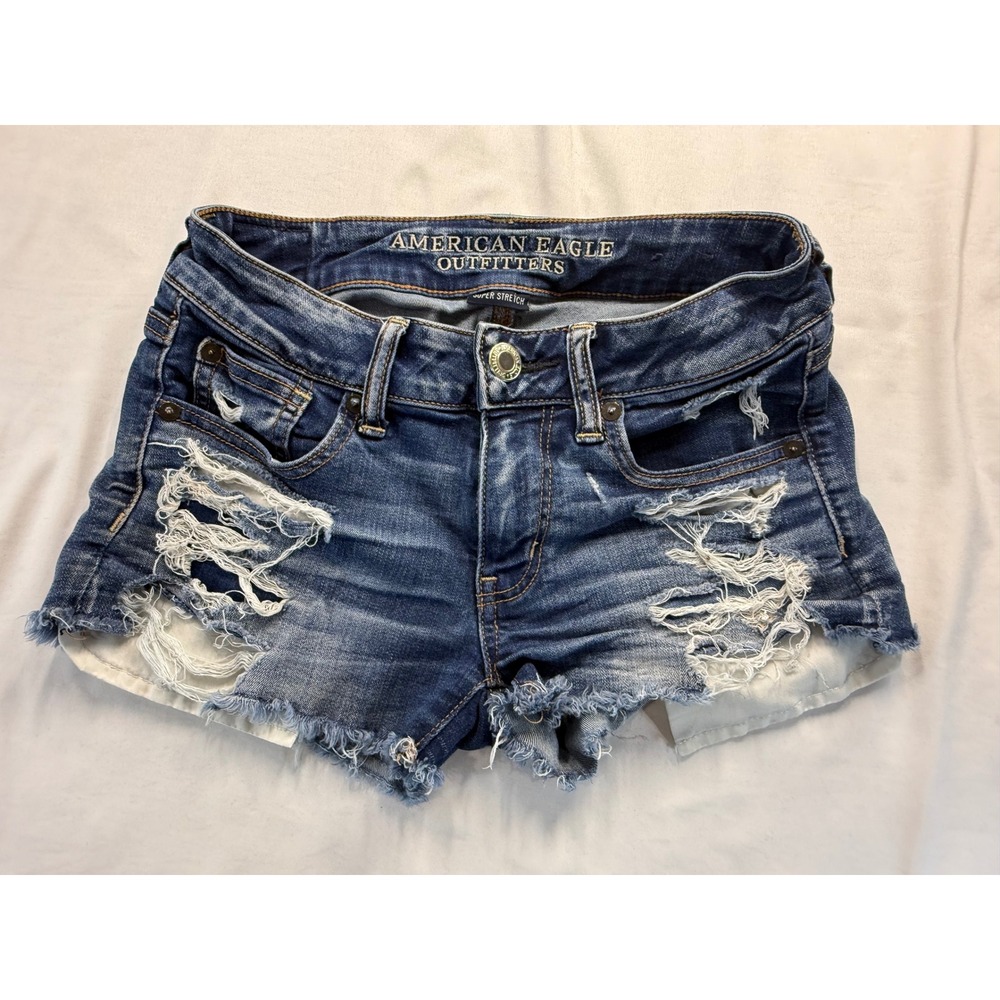 American Eagle Shortie Denim Shorts Women 0 Dark Wash Distressed Super Stretch